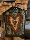Primitive folk Art  handmade  wool Rug Hooking rust Fall Heart On Antique Grater
