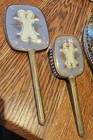 Fancy Vintage  Gold Plated Vanity Dresser Set With Blue Tops-mirror- Brush-comb