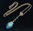 Vintage Necklace Art Nouveau Filigree Lavalier Pendant Antique Aqua Czech Glass