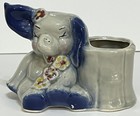 Elephant Planter Mcm Blue Gray Flowers Ceramic Vintage Trunk Up Good Luck