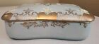 Vintage Hand Painted Powder Blue Floral And Gold Jewelry Trinket Box