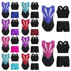 Girls 3pcs Rhinestones Patchwork Tank Tops Gymnastics Leotards And Shorts Vest