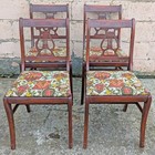 Set 4 Antique Old Solid Mahogany Wood Wooden Lyre Back Fabric Dining Chairs Seat