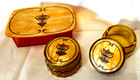 Vtg Art Deco Nouveau Vanity Dresser 2 Glass Powder Jar W Orange Lucite Box Set