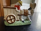 Vtg Donkey burro With Yellow Hat Pulling A Barrel Cart Colorful Ceramic Planter