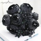 12-head Black Peony Rose Hydrangea Artificial Bouquet Diy Wedding Decor Flowers