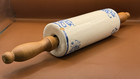 Antique Blue   White Stoneware Rolling Pin Wildflower Salt Glaze Wood Handles