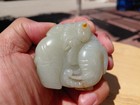      19th Century White Nephrite Jade Pebble Carving Boy Washing An Elephant 