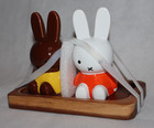 Miffy Salt   Pepper Shaker Lot Magenta Ceramic Set Wooden Tray Game Rabbits Fall