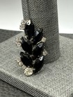 Vintage Black Marquise Clear Rhinestone Brooch Pin Silver Tone Leaf Design