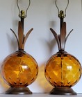 Pair Vtg Mid Century Modern Optical Amber Glass Globes Sculpted Wood Tops 33 