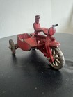 Vintage Cast Iron Red Motorcycle With Sidecar And Rider Collectible Toy Vehicle