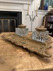 Antique Cast Iron Double Inkwell Desk Set W  Glass Inserts Ornate Victorian 12   