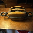 Antique Maritime Wooden And Iron Double Pulley With Rope-wrapped Metal Eyes