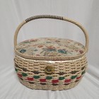 Vintage Sewing Basket Tan Red Green Woven Wicker Box Tapestry Floral 70s