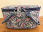 Vtg Large Sewing Box Blue Pink Floral Padded Quilted Top Lined With Tray 13x9x8   