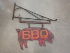 Vintage Metal Bbq Pig Sign With Wrought Iron Sign Hanger
