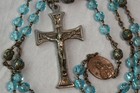 Vtg Rosary Crucifix Necklace Teal Blue Glass Bead 5 Decade Mary Medal 21 Inch