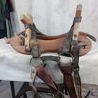 Antique Wooden Saddle Pack With Leather  Rope And Canvas Straps