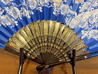 Japanese Folding Silk Fan W  Black Lacquer Mother Of Pearl Inlay Vintage
