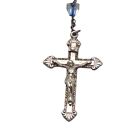 Sterling Silver Blue Glass Beaded Rosary Crucifix Art Deco Vintage Made In Rome