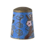 Vintage Cloisonne Inlay Brass Sewing Thimble With Birds   Floral Design On Blue