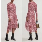 Maje Rivole Dress Burgundy Red White Print Long Sleeve Midi Dress Size 1