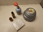 Vintage Vanity Lot - Perfume Atomizer Bottle  Musical Powder Tin  And More