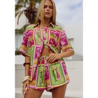 Seven Wonders Two Piece Set Womens Xs Purple Green Hawaiian Aloha Shirt Shorts