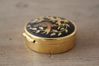 Vintage Damascene Enamel Gold Tone Round Pill Trinket Box Metal