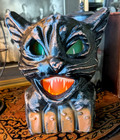 Paper Mache Style Halloween Black Cat On A Orange Fence Lighted Lantern 7 5 