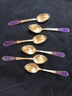 Antique Russian Soviet 916 Gilt Gold Silver Blue   Red Enamel Spoons Set 6