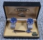 Vintage Nos Lamode Blue Imported Stone Silvertone Cufflinks   Tie Bar Set