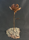 Vintage Brutalist Style Copper bronze metal Rose Flower Sculpture On Wood Base