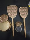 Vintage Gold Tone Vanity Set Mirror Brush Powder Compact 4pc Dressing Table Set