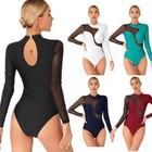 Women Rhinestone Ballet Dance Leotard Mesh Long Sleeve Gymnastics Leotards