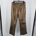 Vintage Y2k Cach   Metallic Bronze Low-rise Leather Buckle Raw Hem Flare Pants