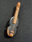 Vintage Hand Carved Mini Violin With Strings Brooch Pin Ebony Wood