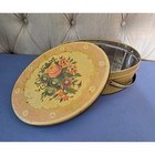 Vintage 1950s Floral Tin Basket Box With Handles Oval Storage Container