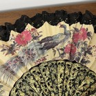 Vintage Chinese Hand Fan Peacock   Floral Design Black Lace Gold Accents Tassel