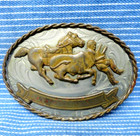 Steer Wrestling Cowboy Belt Buckle Trophy Rodeo Nickel Silver Vintage 80s bmw837