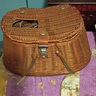 Vintage Wicker Fishing Creel W  Adjustable Leather Strap   Everything In It 