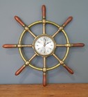 Nautical Ships Wheel Vintage Clock Captain Brass Boat Wood Handle Antique