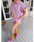 Womens Distressed Denim Romper Short Cuffed Sleeve Utility Jumpsuit