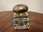 Vintage Glass Inkwell With Silver Hinged Lid