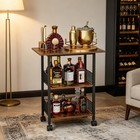 Mobile 3tier Serving Bar Cart Lockable Wheels Freestanding Wine Rack Black