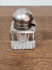 Antique Crystal Beveled Inkwell With Silver Hinged Cap