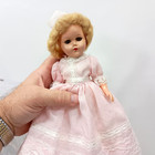 Antique 12  Blonde Doll In Pink Frilly Dress From Estate Sleepy Eyes Bonnet