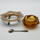 Vtg Amber Glass Mustard Pot Epns England Pierced Holder Wallace Sterling Spoon