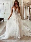 Boho A-line Wedding Dresses Lace Appliques Spaghetti Straps V-neck Bridal Gowns